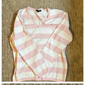 Tommy Hilfiger Pink and White V-Neck Sweater